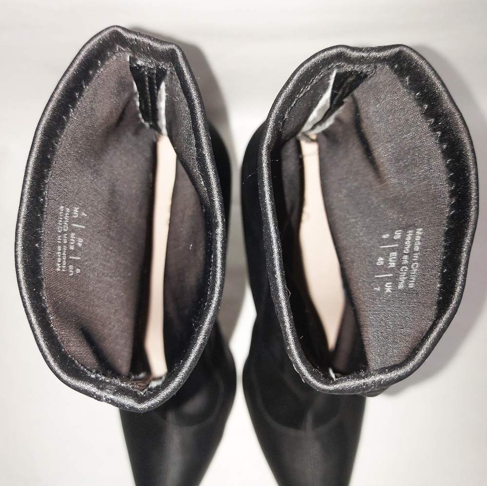 Aldo Black Satin Sock Booties Size 9 Pull-on Ankle High Stiletto Heel Pointy Toe - Picture 12 of 13